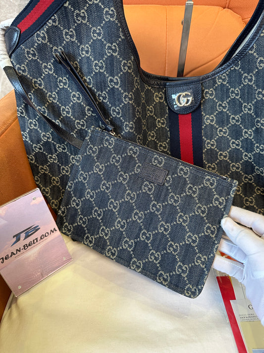 Gucci GG Supreme Denim Shoulder Bag with Pouch