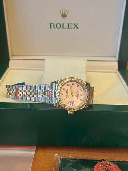 Rolex datejust 31 mm pink mother of pearl dial two tone diamond watch