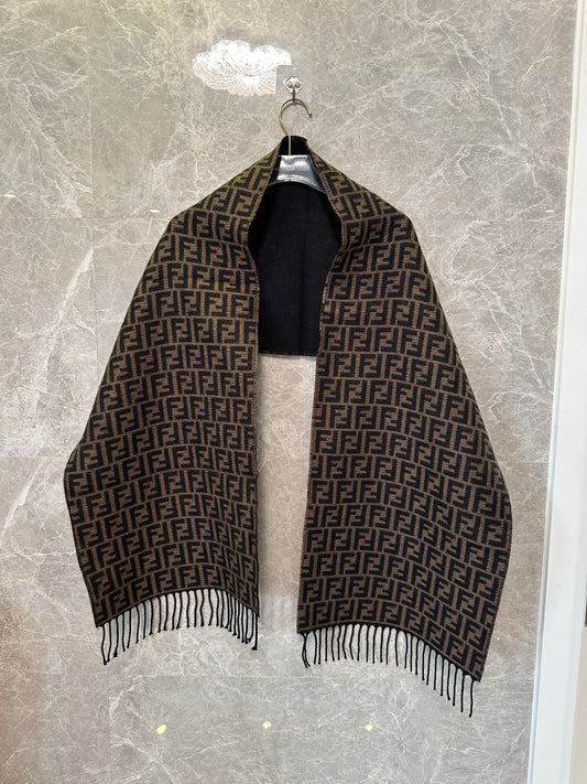 Fendi FF Logo Reversible Wool Scarf – Brown/Black