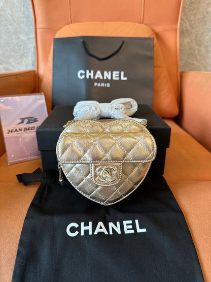Chanel Metallic Gold Heart-Shaped Quilted Mini Bag