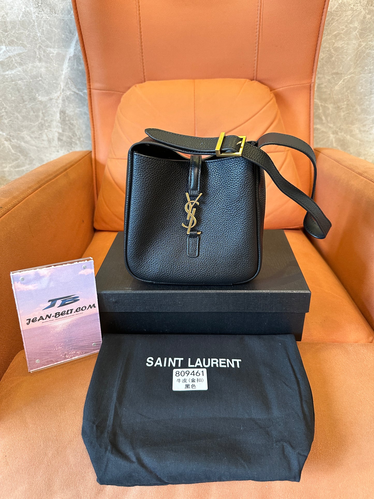 Saint Laurent Black Leather Bucket Bag with Gold YSL Logo