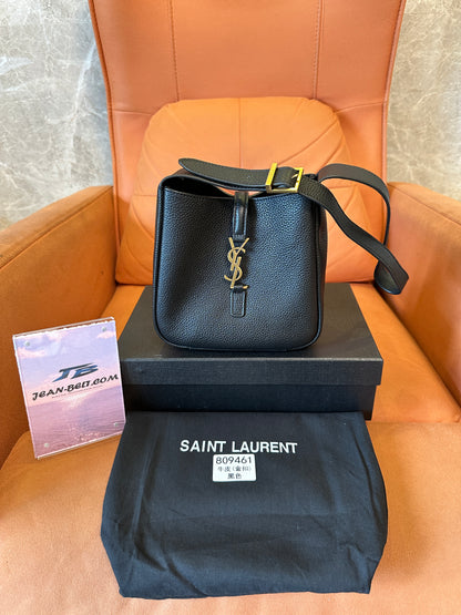 Saint Laurent Black Leather Bucket Bag with Gold YSL Logo
