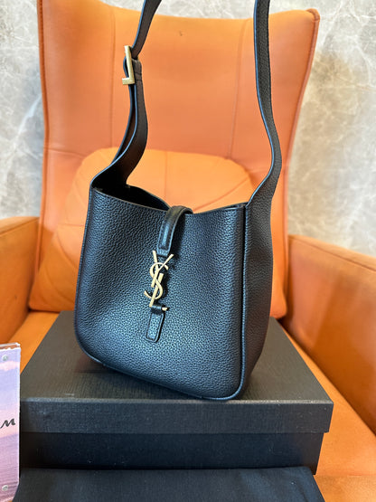 Saint Laurent Black Leather Bucket Bag with Gold YSL Logo