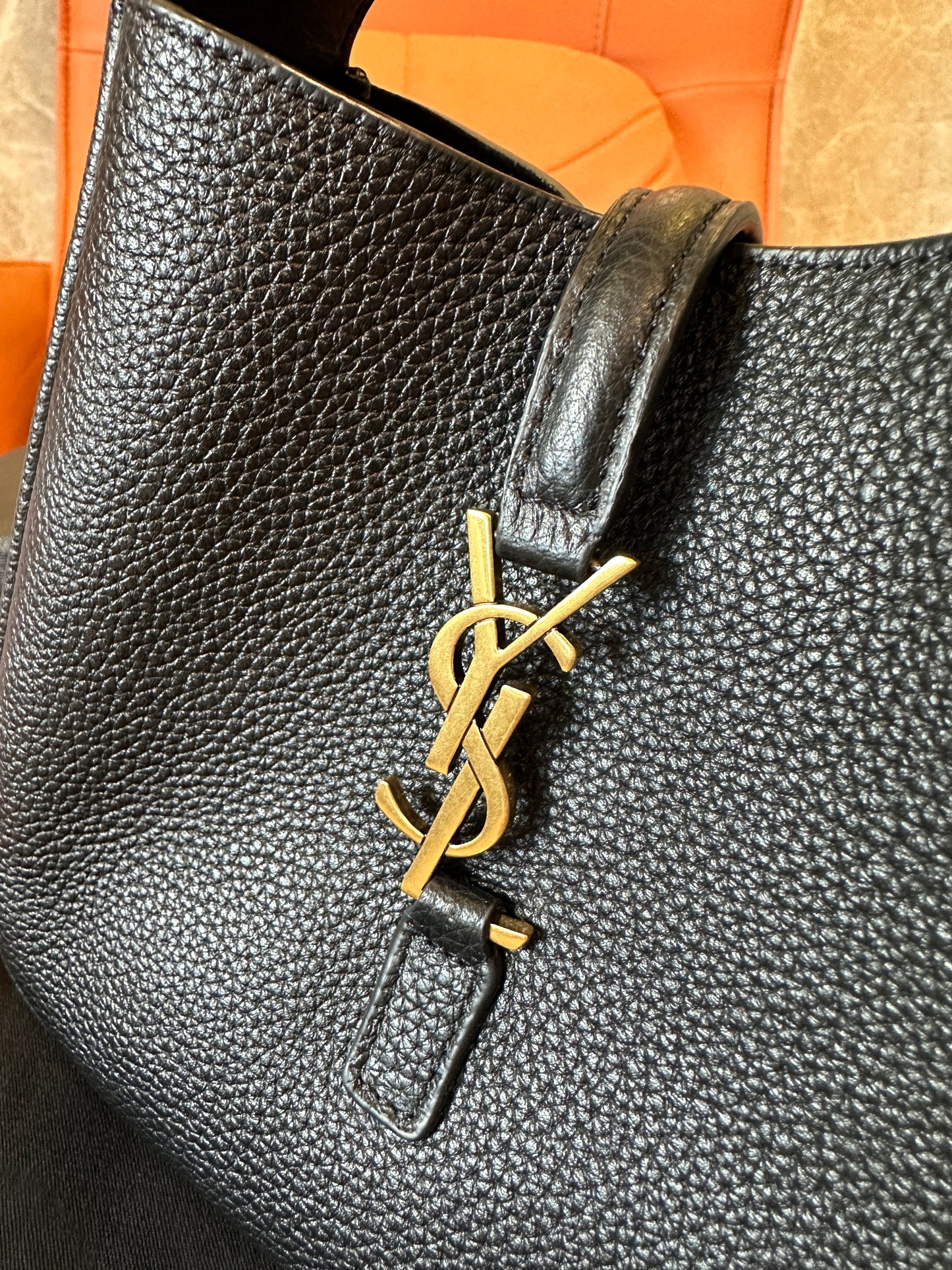 Saint Laurent Black Leather Bucket Bag with Gold YSL Logo