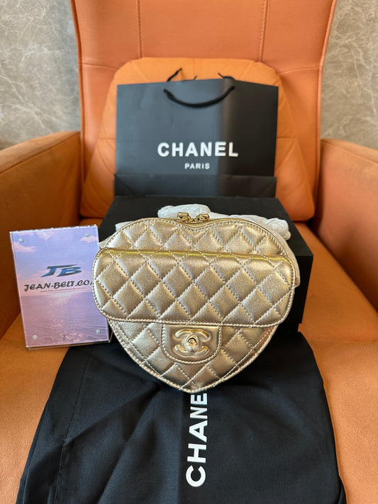 Chanel Heart-Shaped Quilted Flap Bag in Gold Leather