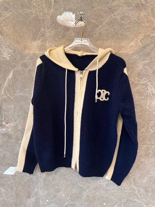 Chanel Navy and Cream Hooded Wool Knit Cardigan