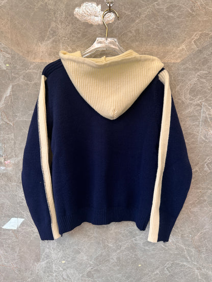 Chanel Navy and Cream Hooded Wool Knit Cardigan