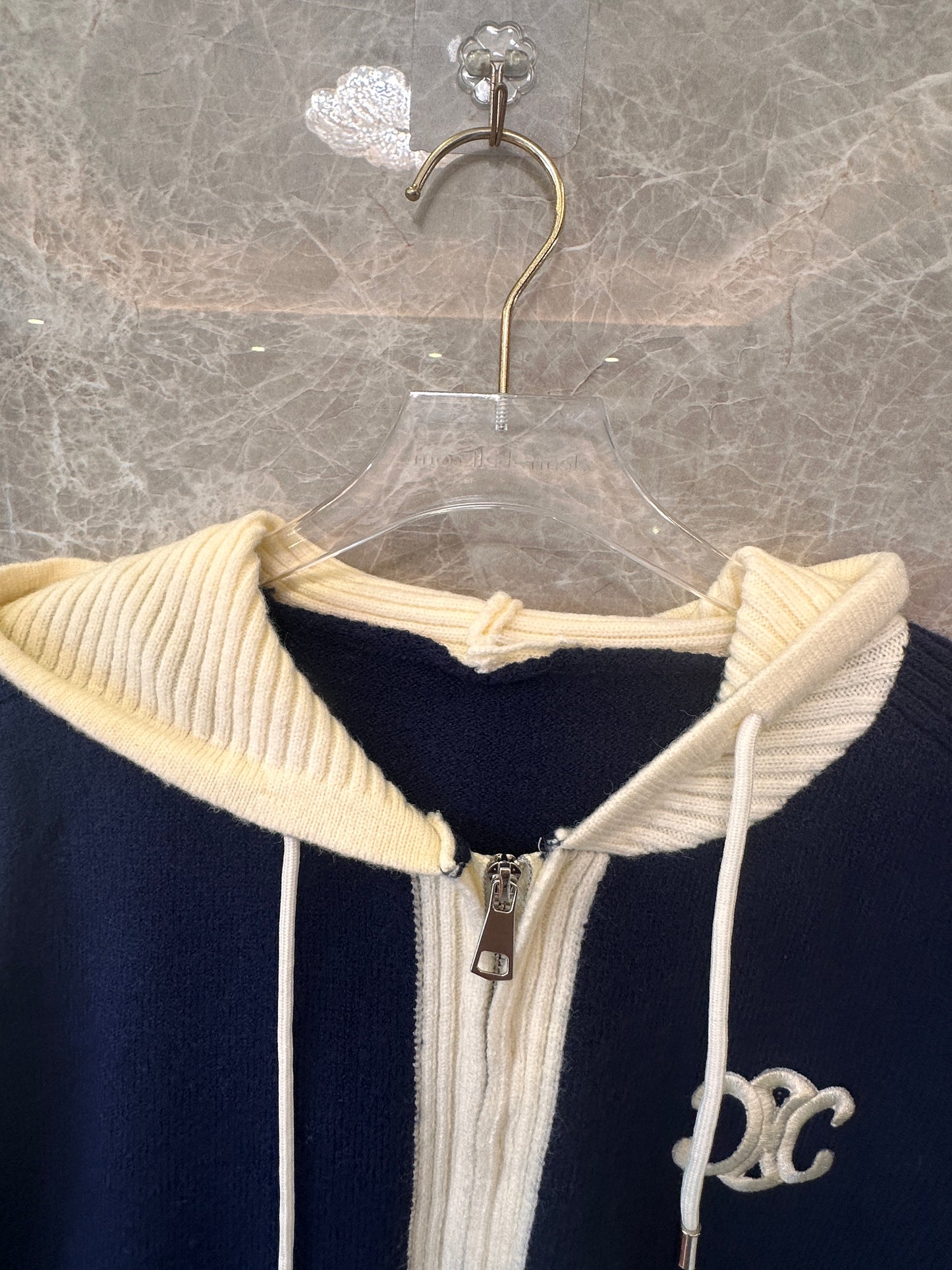 Chanel Navy and Cream Hooded Wool Knit Cardigan
