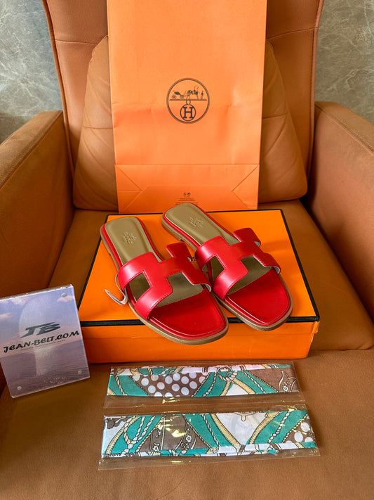 Hermès Oran Slippers in Red Calfskin Leather