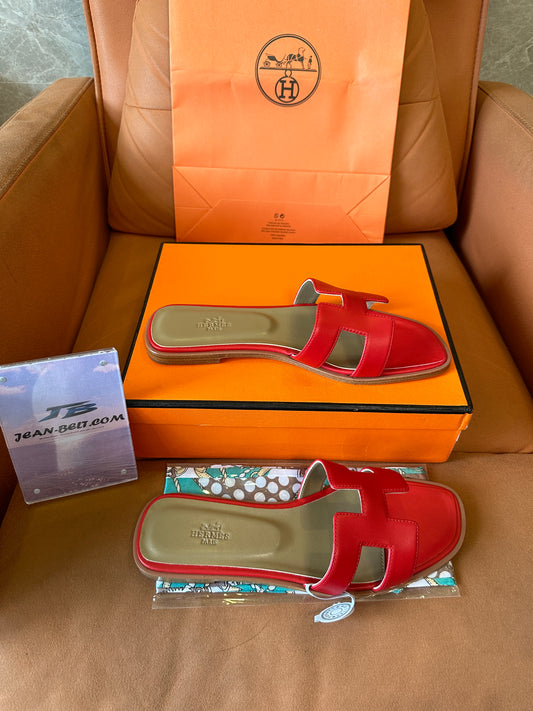 Hermès Oran Slippers in Red Calfskin Leather