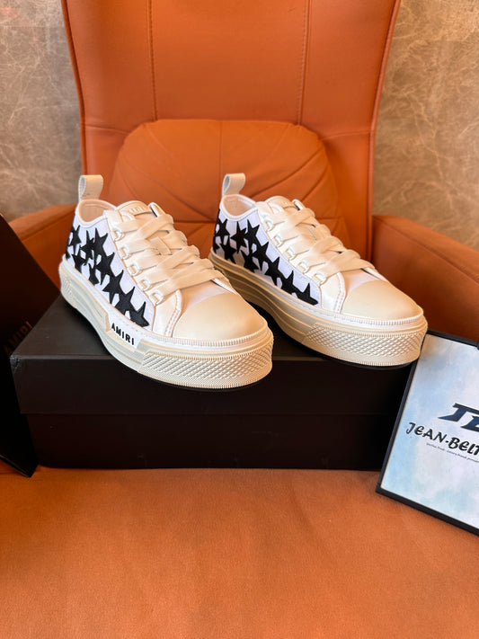 Amiri White Canvas Low-Top Sneakers with Black Star Embroidery