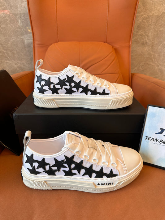Amiri White Canvas Low-Top Sneakers with Black Star Embroidery