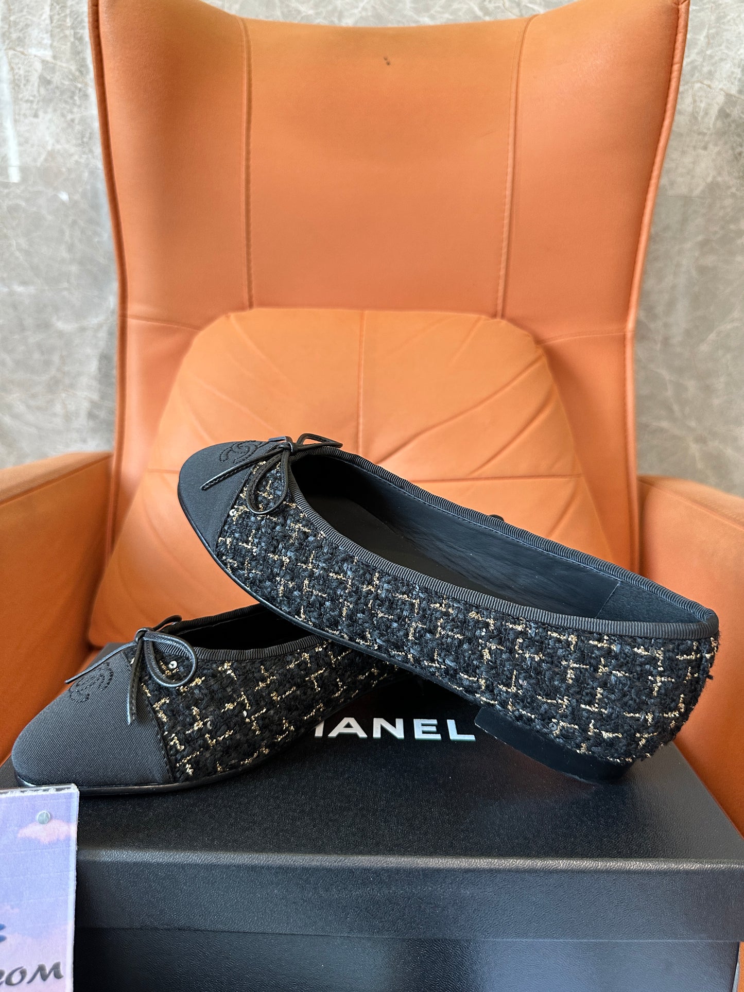 Chanel Tweed Ballerina Flats with CC Logo – Black
