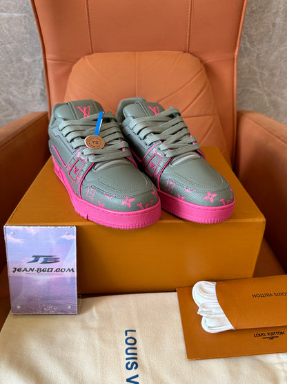Louis Vuitton Trainer Sneaker Grey with Pink Monogram Accents