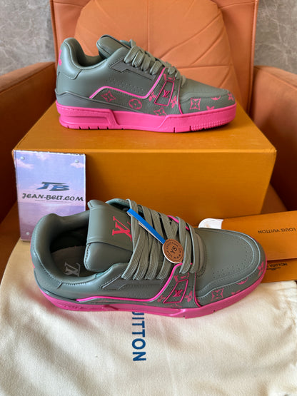 Louis Vuitton Trainer Sneaker Grey with Pink Monogram Accents