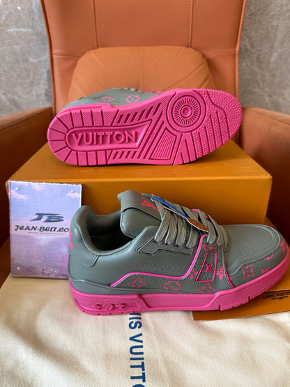 Louis Vuitton Trainer Sneaker Grey with Pink Monogram Accents