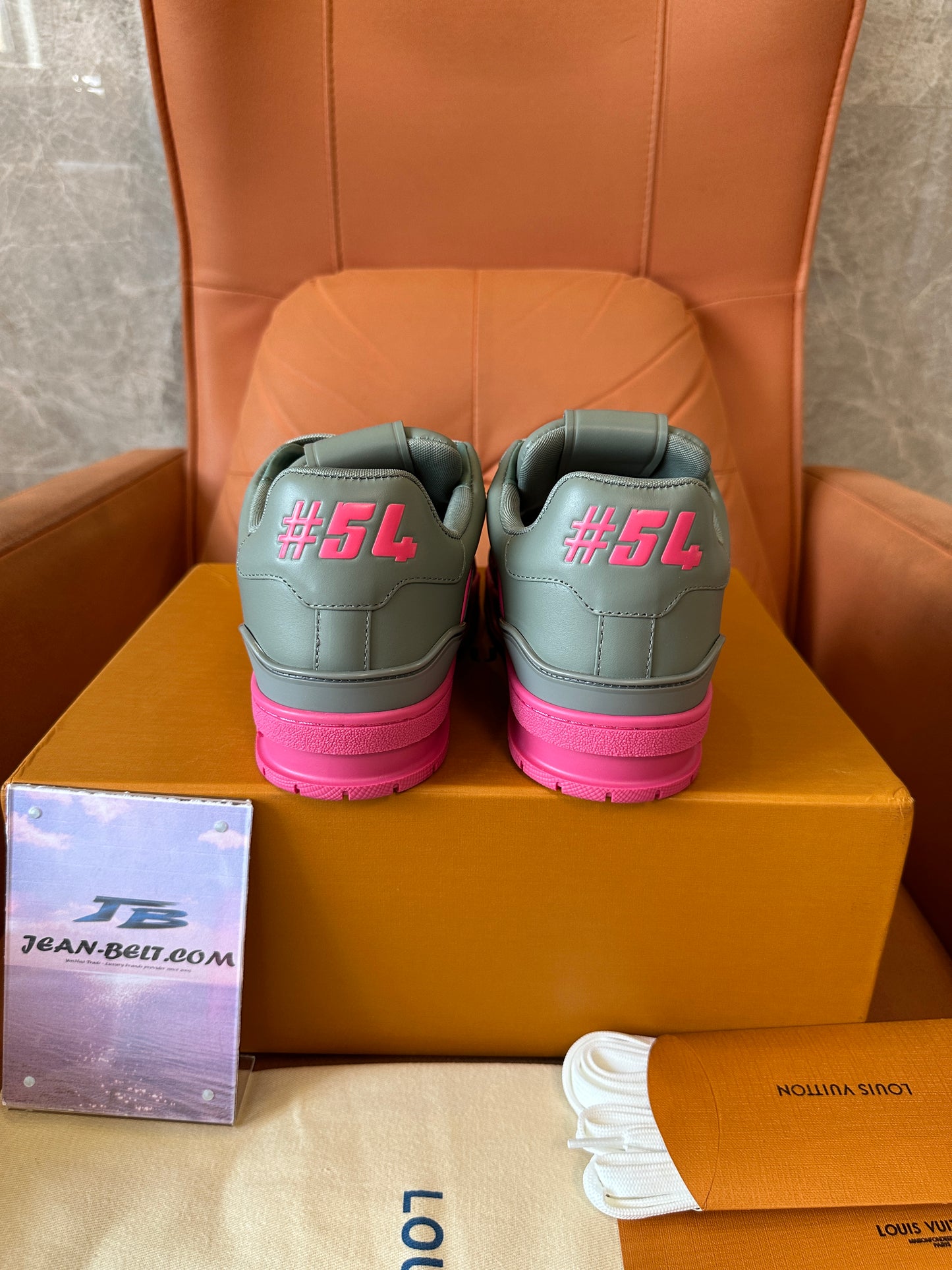 Louis Vuitton Trainer Sneaker Grey with Pink Monogram Accents