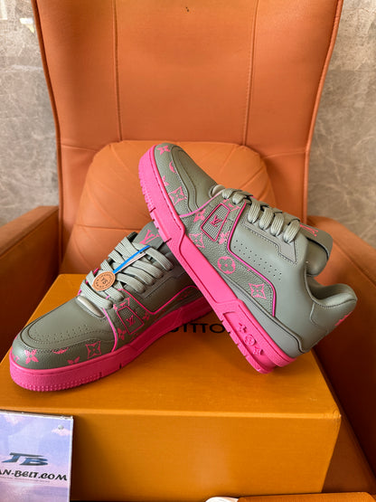 Louis Vuitton Trainer Sneaker Grey with Pink Monogram Accents