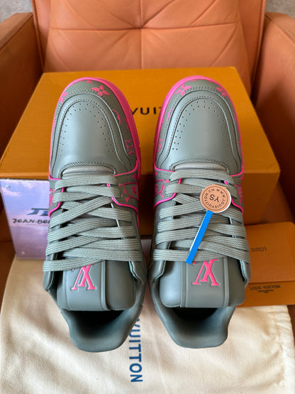 Louis Vuitton Trainer Sneaker Grey with Pink Monogram Accents