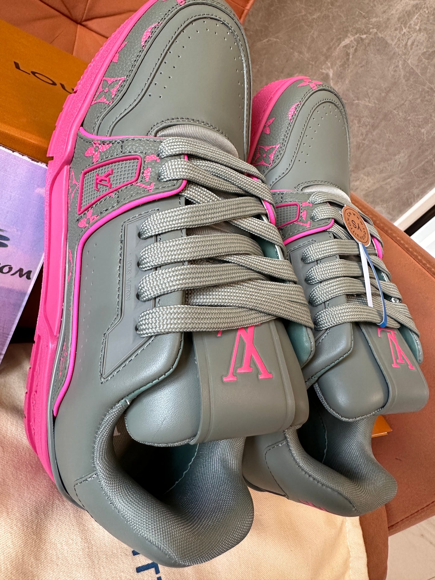 Louis Vuitton Trainer Sneaker Grey with Pink Monogram Accents