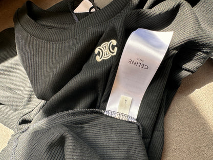 Celine Triomphe Embroidered Long-Sleeve Ribbed T-shirt in Black