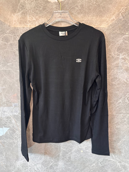 Celine Triomphe Embroidered Long-Sleeve Ribbed T-shirt in Black