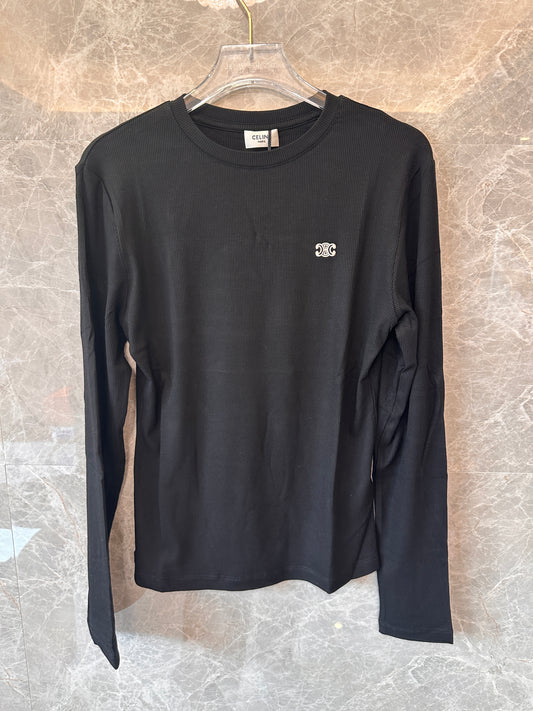Celine Triomphe Embroidered Long-Sleeve Ribbed T-shirt in Black