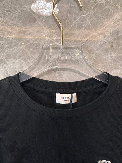 Celine Triomphe Embroidered Long-Sleeve Ribbed T-shirt in Black