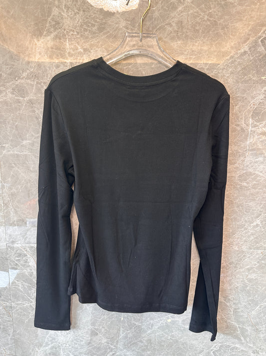 Celine Triomphe Embroidered Long-Sleeve Ribbed T-shirt in Black