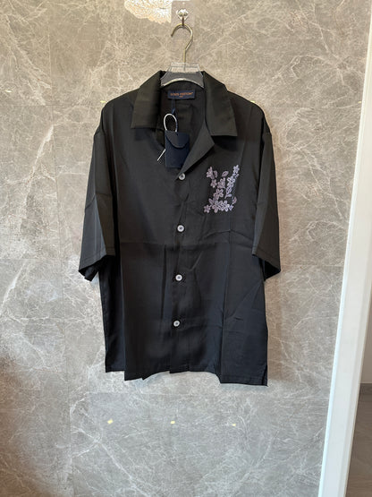 Louis Vuitton Men’s Black Short-Sleeve Shirt with Embroidered Floral Detail