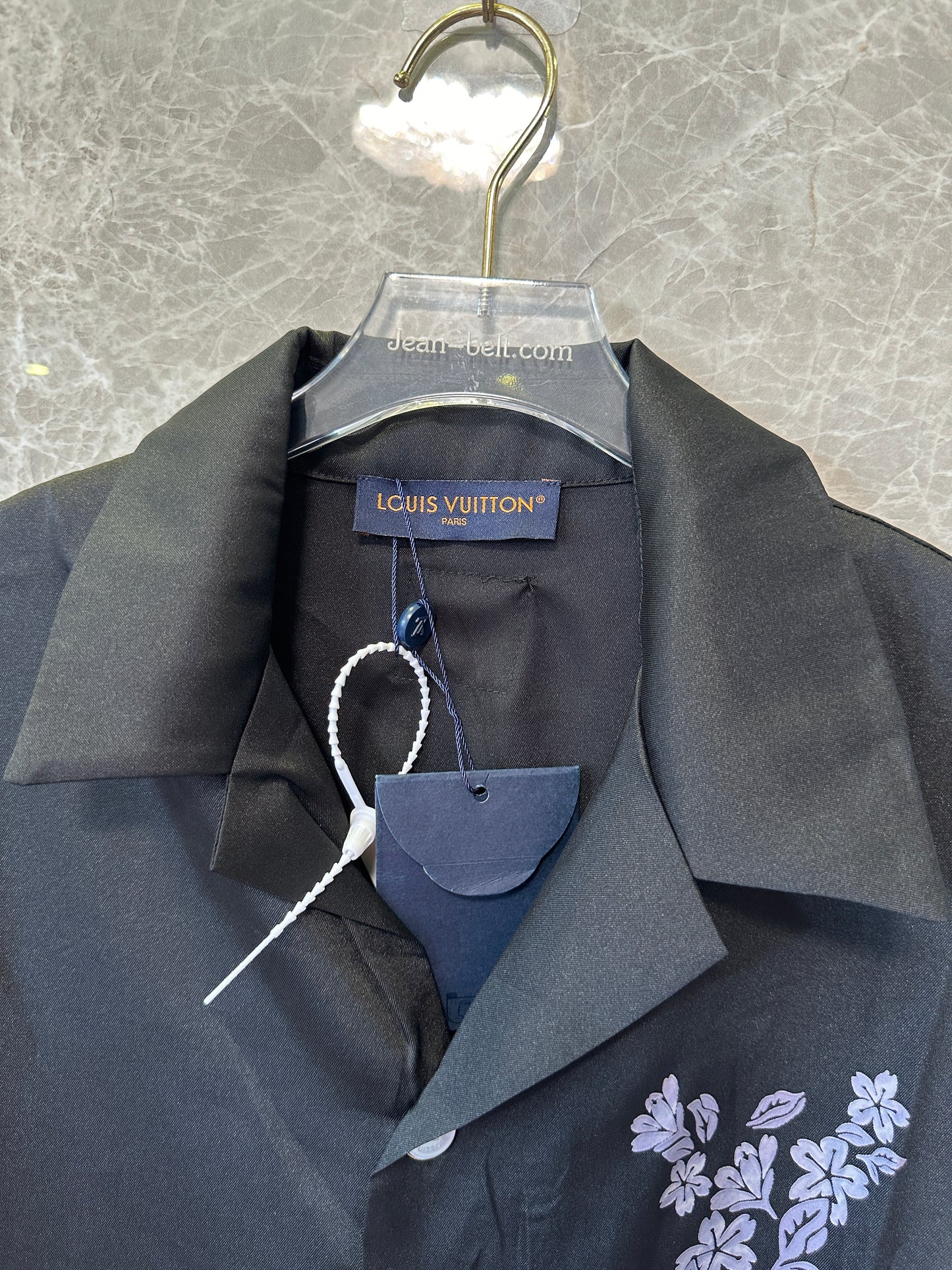 Louis Vuitton Men’s Black Short-Sleeve Shirt with Embroidered Floral Detail