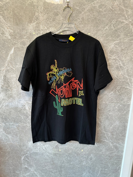 Louis Vuitton Black Cotton T-Shirt with Neon Motel Embroidery