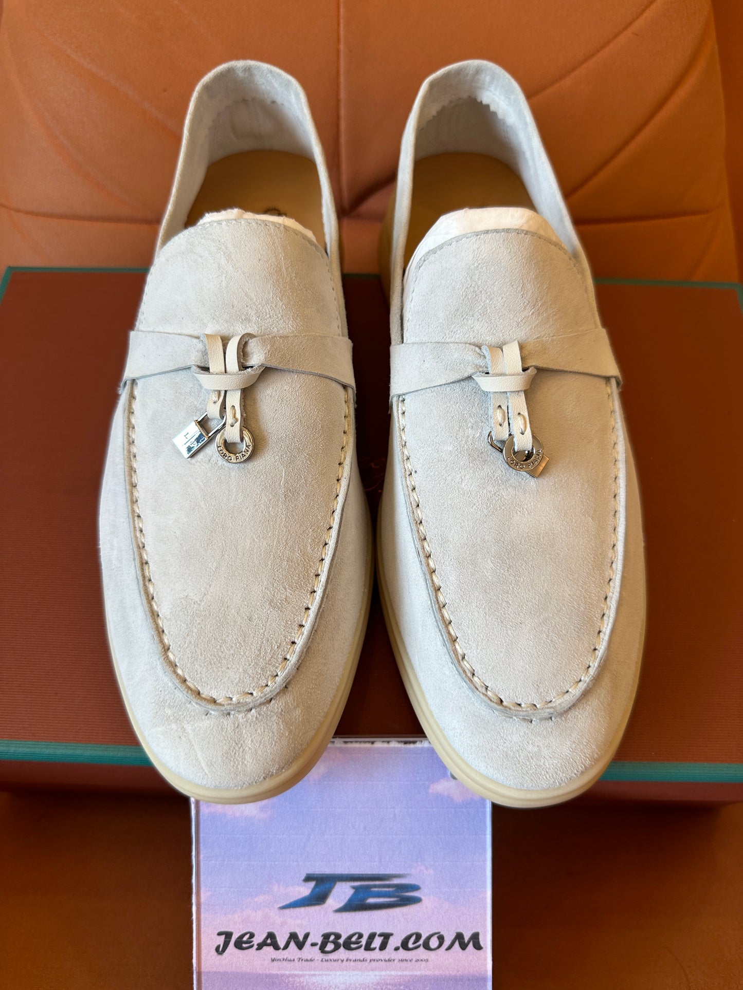 Loro Piana Suede Loafers with Charm – Beige