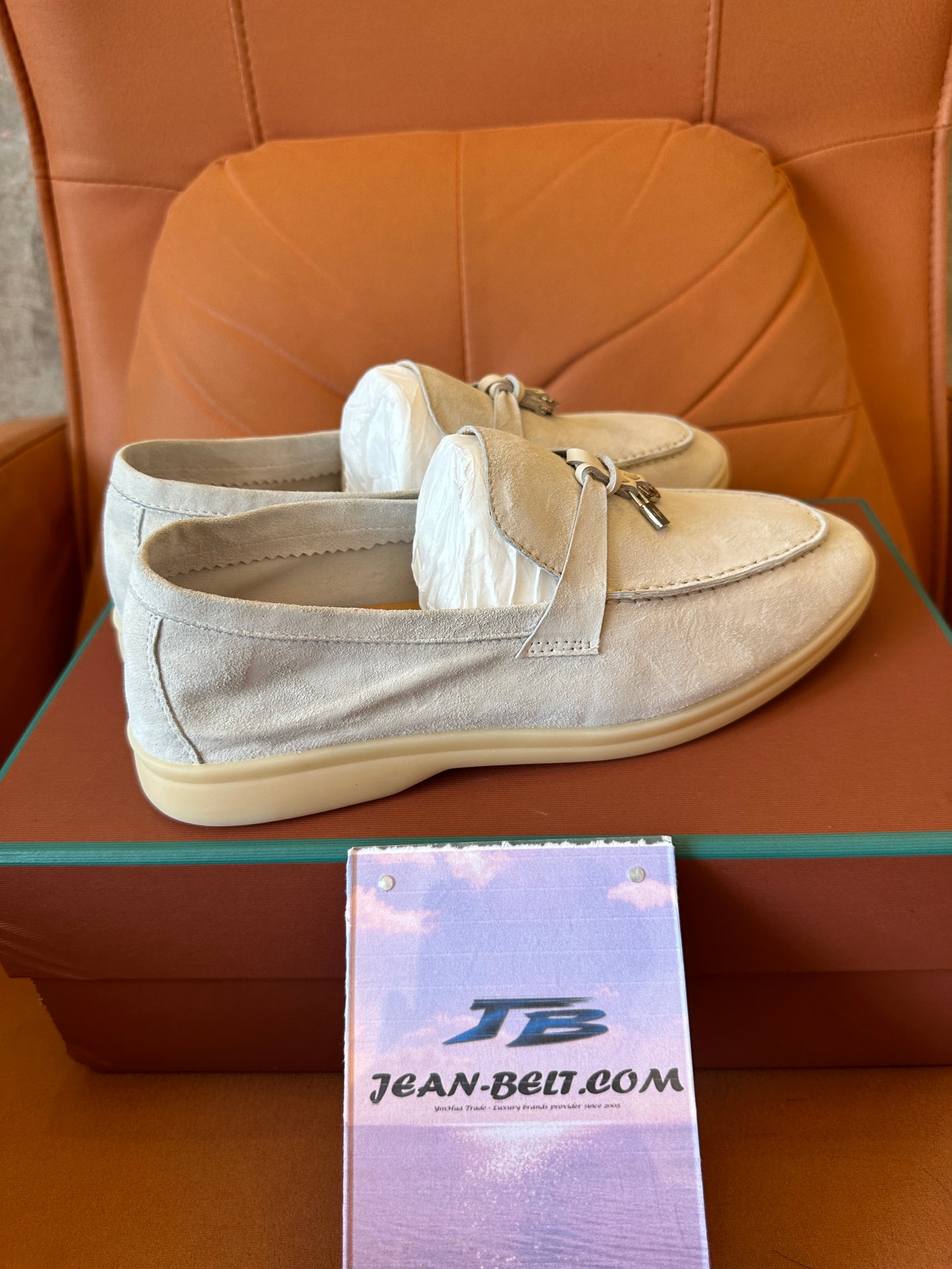 Loro Piana Suede Loafers with Charm – Beige