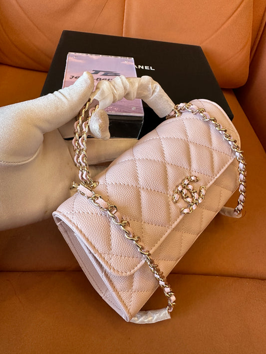 Chanel Small Top Handle Flap Bag Light Pink Caviar Leather with Gold Chain
