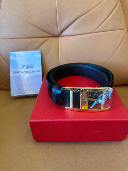 Cinto Masculino Cartier em Couro Preto com Fivela Dourada
