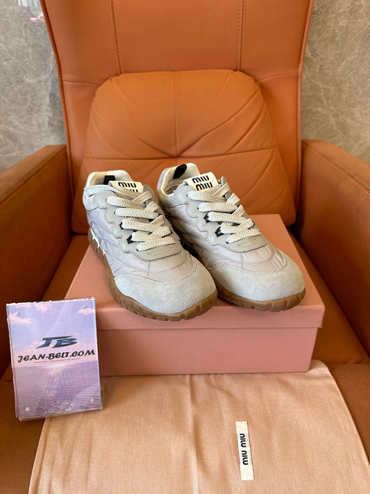 Miu Miu Low-Top Sneakers – Grey Nylon & Suede with Gum Sole