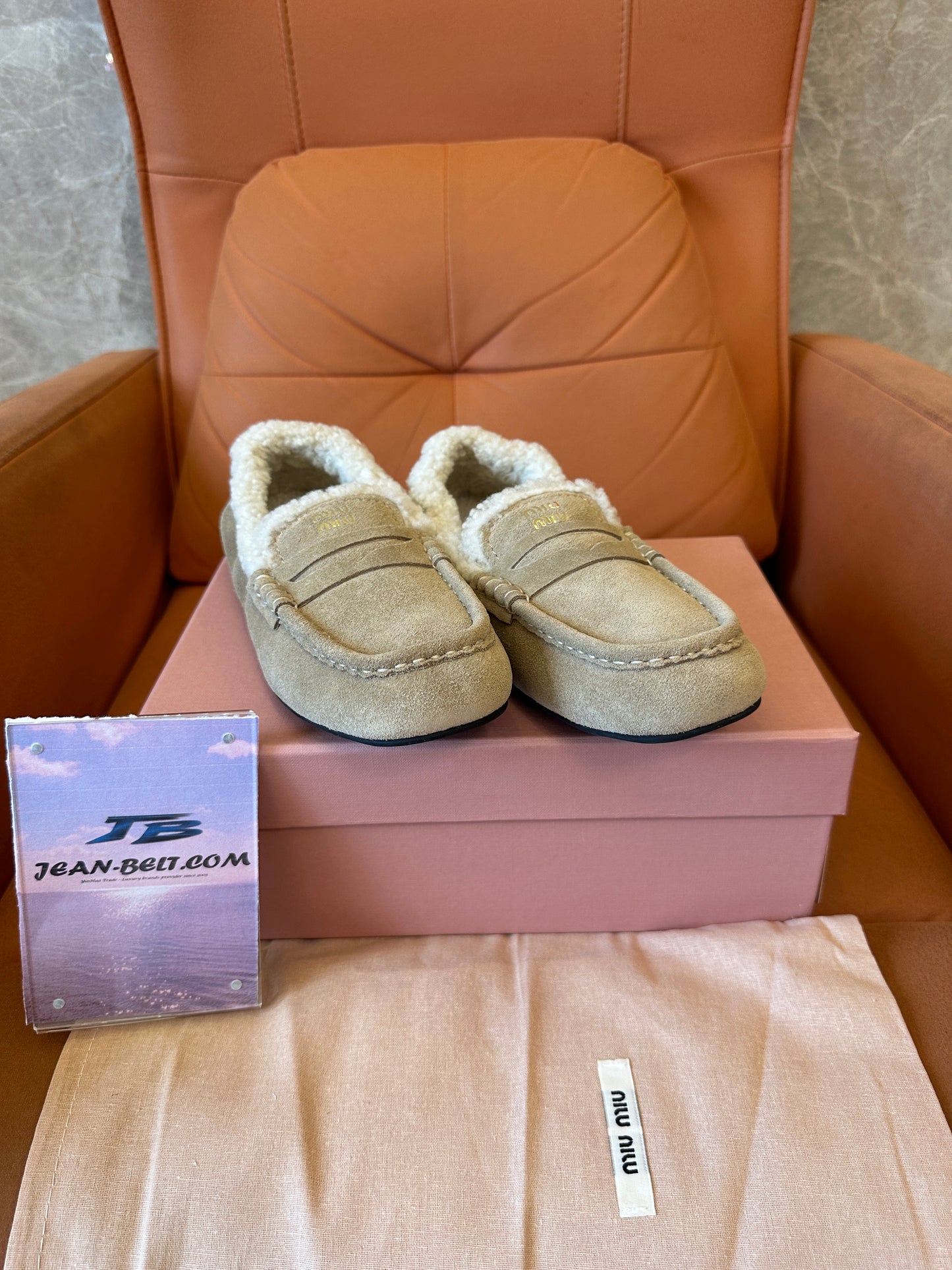 Miu Miu Shearling-Lined Suede Loafers – Beige
