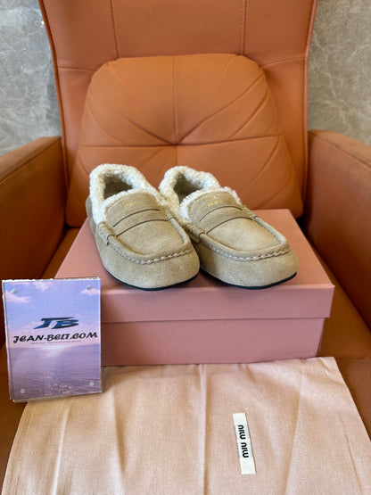 Miu Miu Shearling-Lined Suede Loafers – Beige