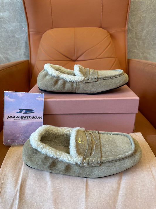 Miu Miu Shearling-Lined Suede Loafers – Beige