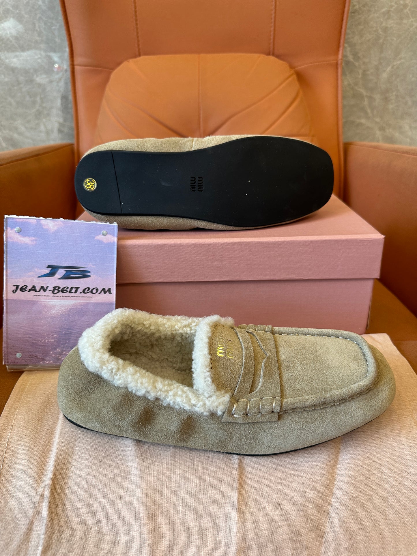 Miu Miu Shearling-Lined Suede Loafers – Beige