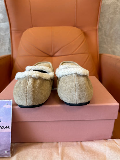 Miu Miu Shearling-Lined Suede Loafers – Beige