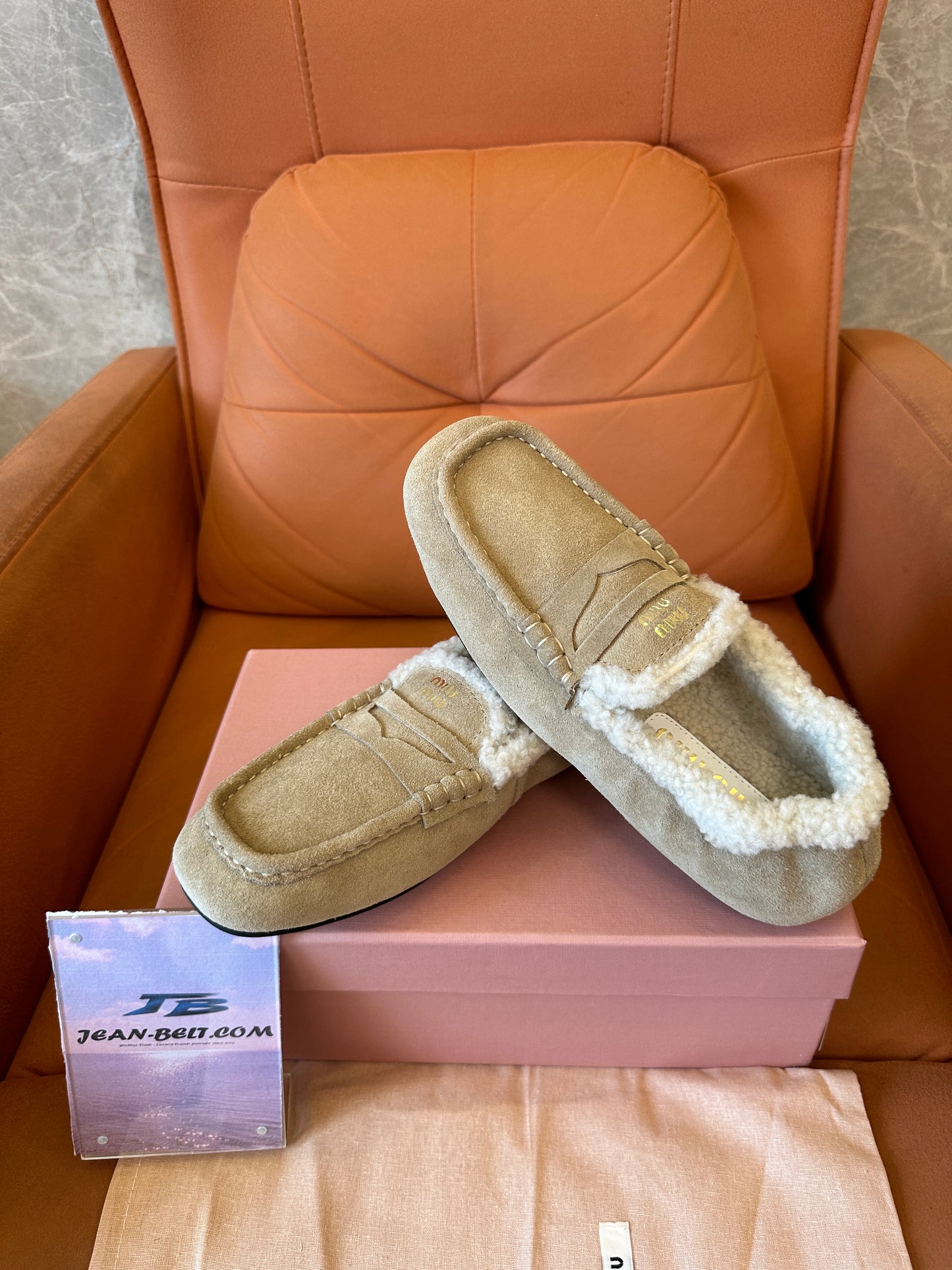 Miu Miu Shearling-Lined Suede Loafers – Beige