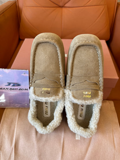 Miu Miu Shearling-Lined Suede Loafers – Beige