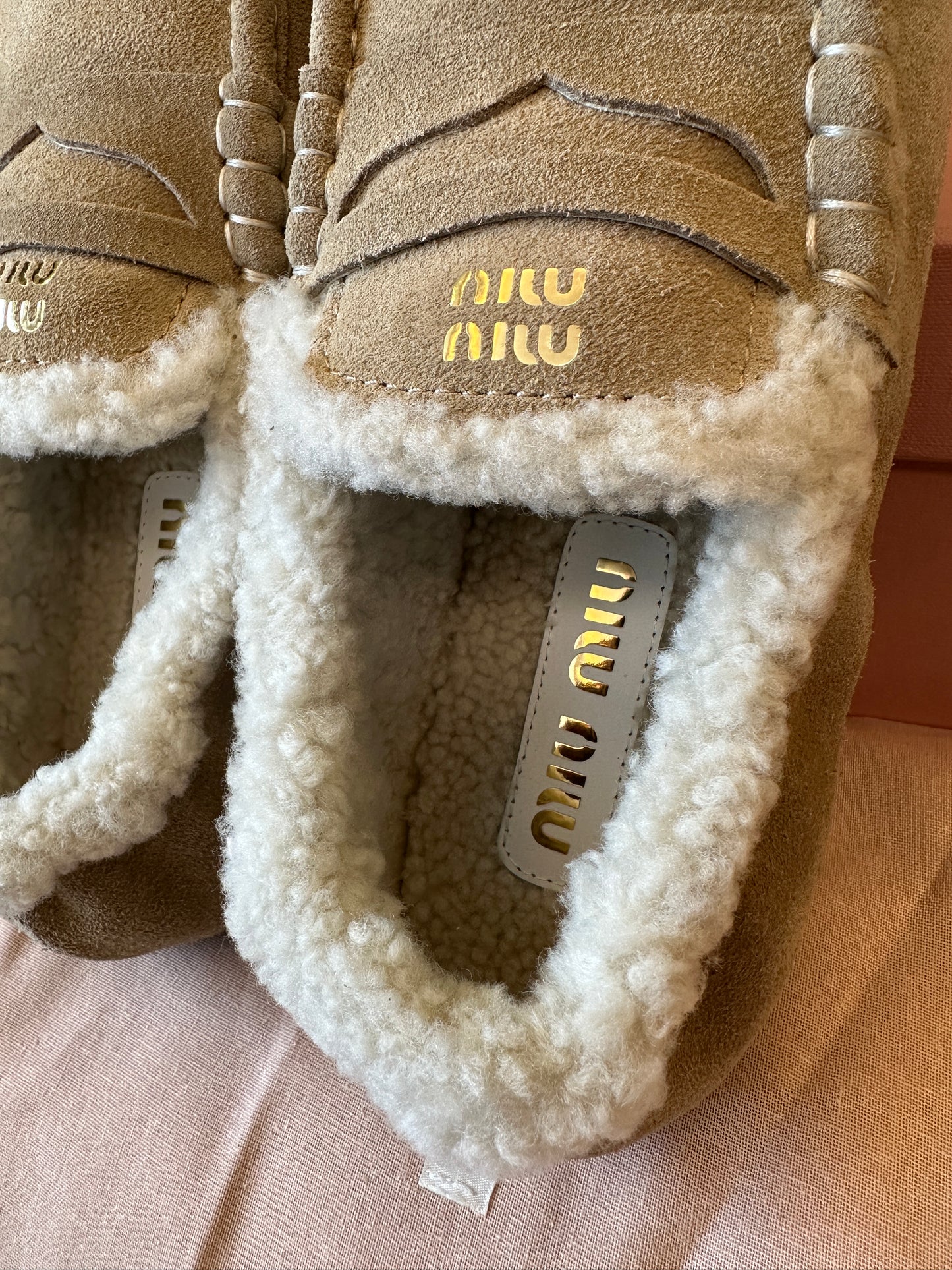 Miu Miu Shearling-Lined Suede Loafers – Beige