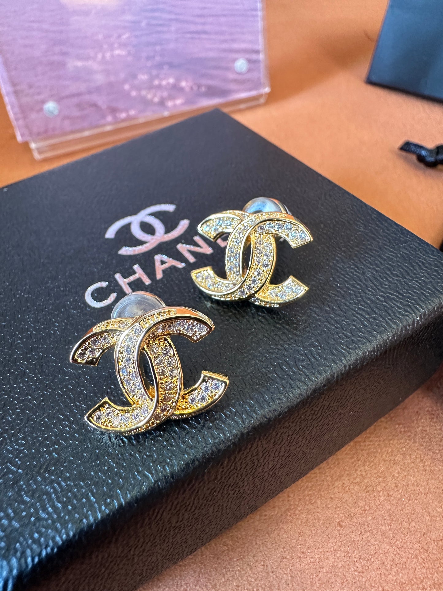 Chanel Crystal CC Logo Earrings – Gold-Tone with Pave Crystals