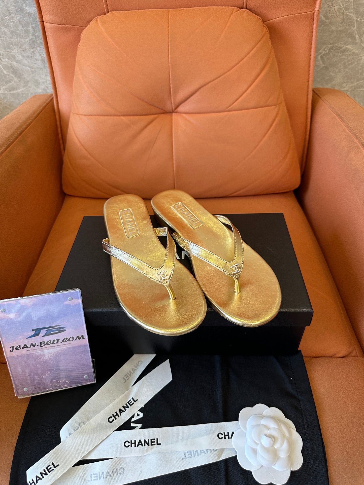 Chanel Gold Leather Logo Flip-Flop Sandals