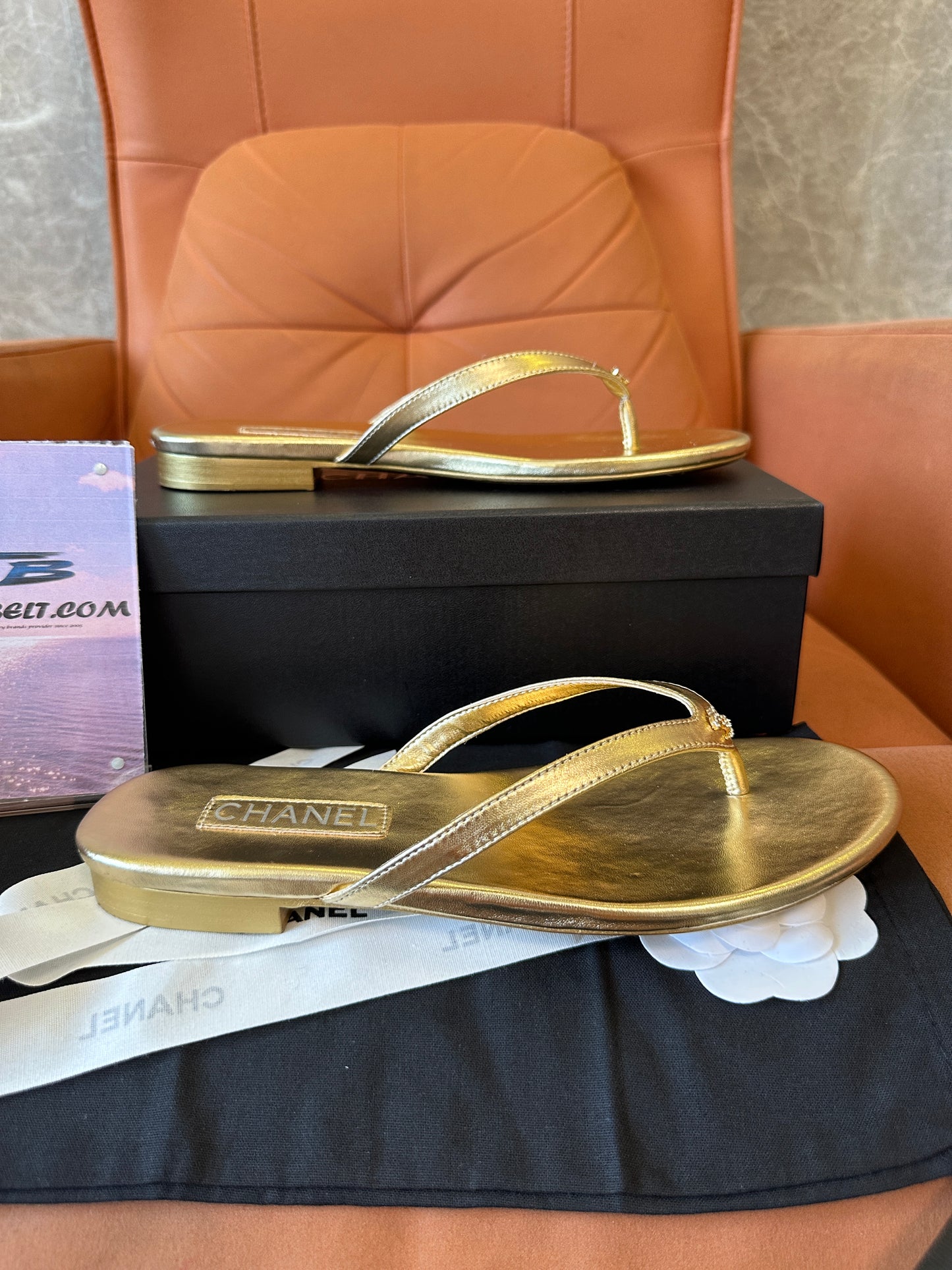 Chanel Gold Leather Logo Flip-Flop Sandals