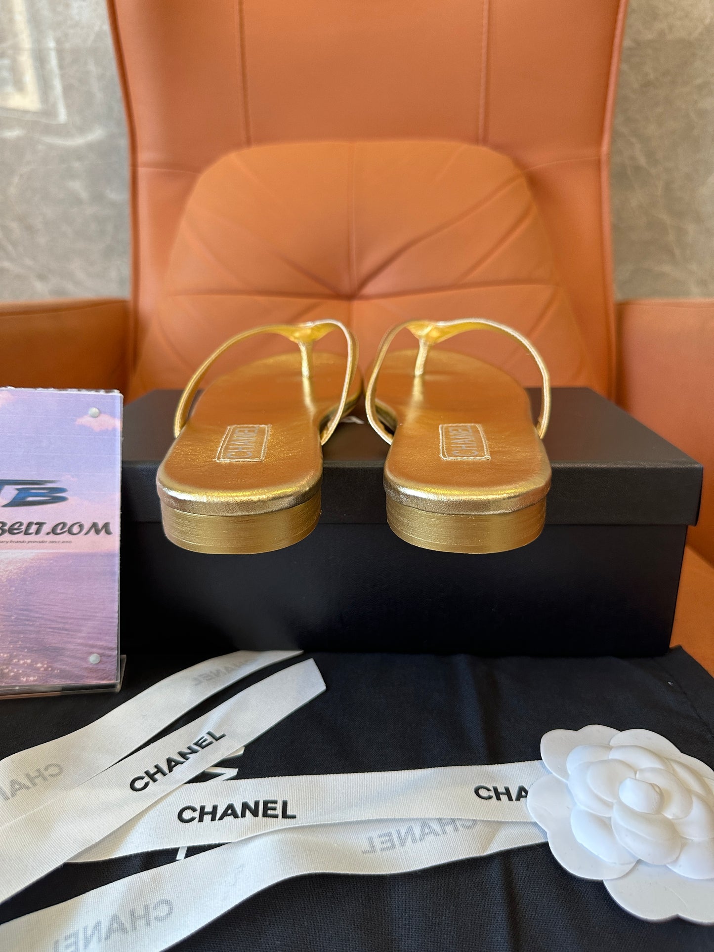 Chanel Gold Leather Logo Flip-Flop Sandals