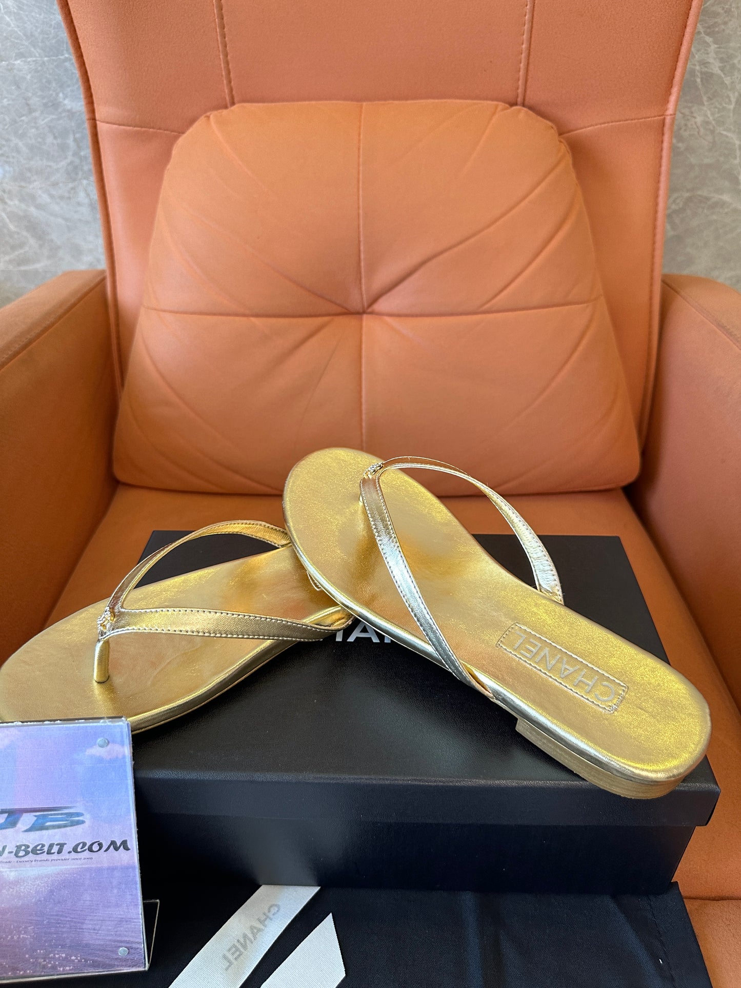 Chanel Gold Leather Logo Flip-Flop Sandals